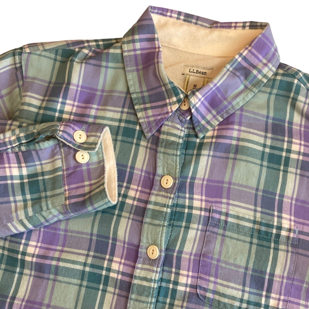 LL‎ Bean Mens M Fleece Lined Flannel Shacket Purple Teal Plaid Cotton Button Up